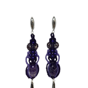Lillad kõrvarõngad ametüst, hõbekinnitus, mikromakramee käsitöö