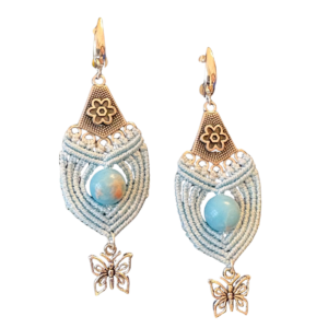 Helesinised, hõbedast detailid, mikromakramee käsitöö kõrvarõngad